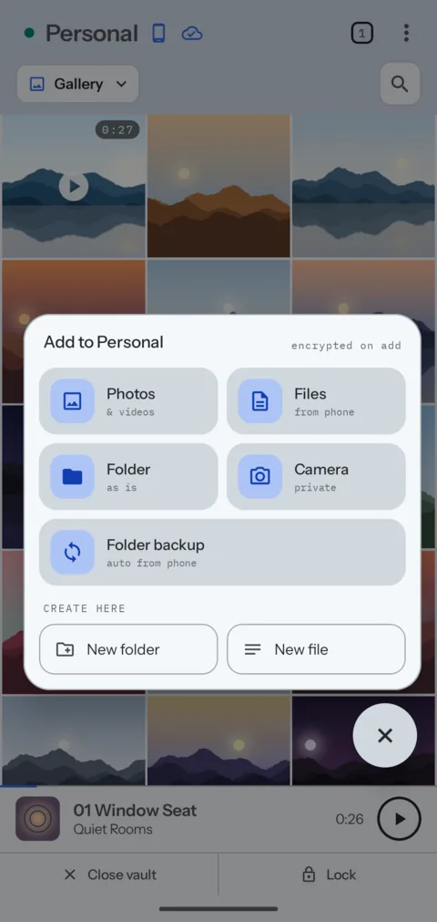 The Add panel in the Android app, with Folder backup.