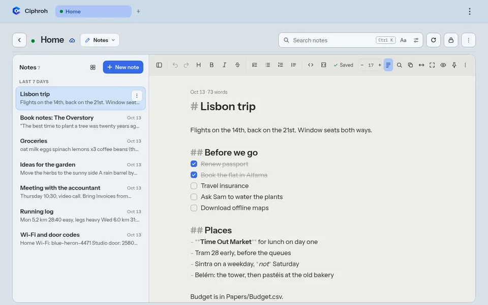Notes: a list of notes beside an open note with a checklist.