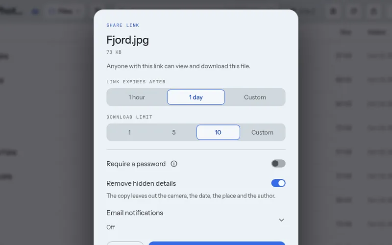 The share dialog with an expiry, a download limit and a password switch.